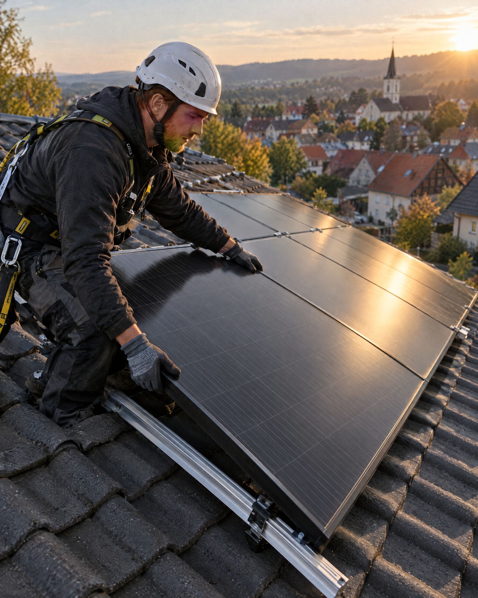 Montér upevňuje černý solární panel na střechu rodinného domu
